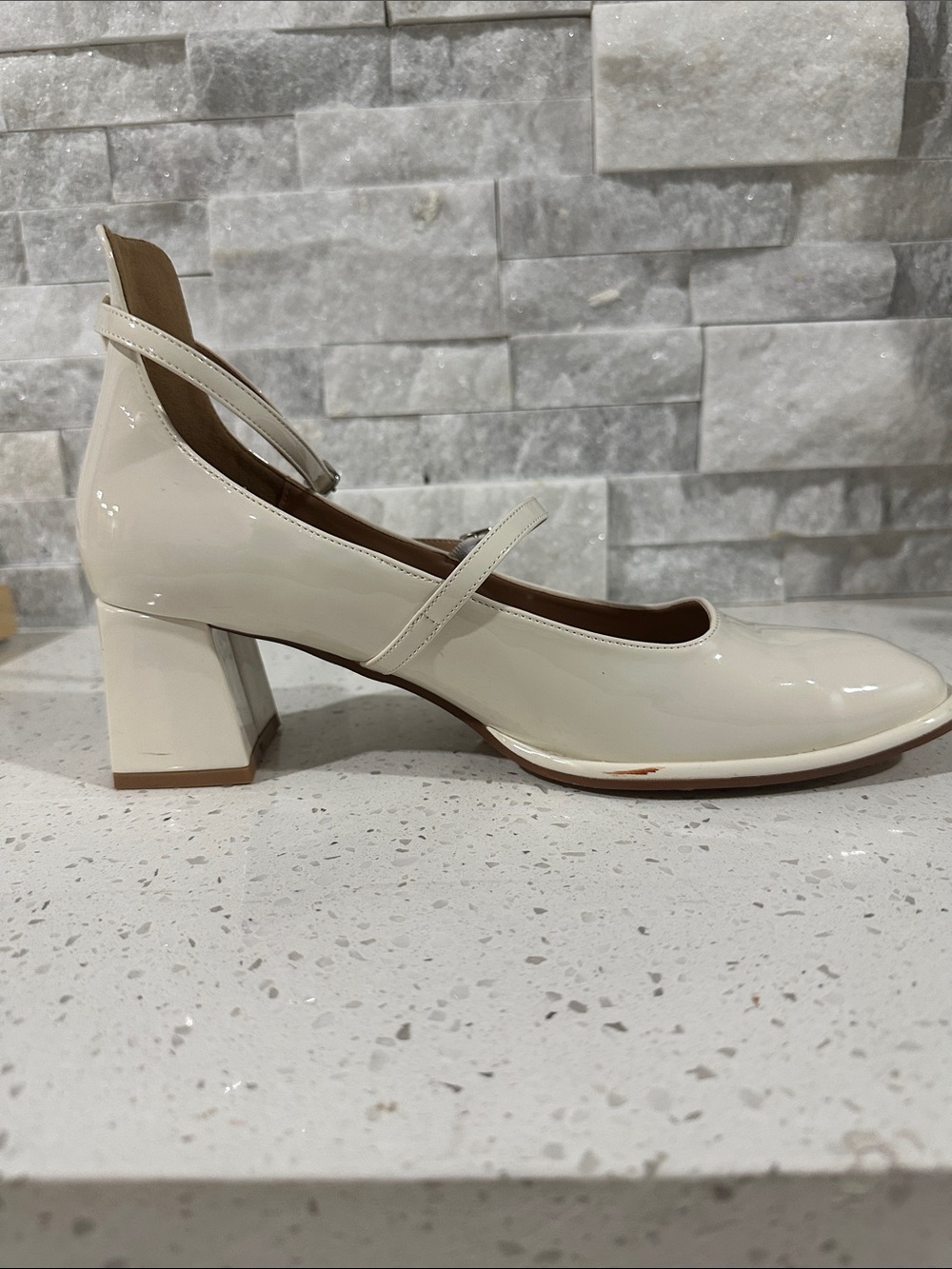 Patent Mary Jane Block Heel Pumps in Cream - Picture 3 of 6